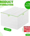 Ultra Thick Foam Sheets 110 Pack 12 By 12 Inch Flat Cushions with 1/16 Inch thickness, shown with dimensions and fragile label