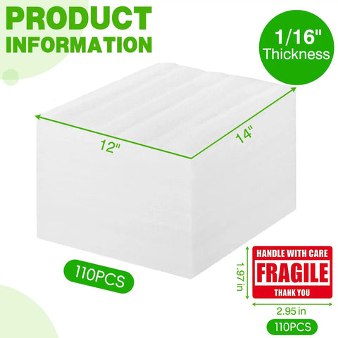 Ultra Thick Foam Sheets 110 Pack 12 By 12 Inch Flat Cushions with 1/16 Inch thickness, shown with dimensions and fragile label