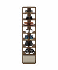Nine Tier Slim Vertical Shoe Rack For Small Spaces Free Standing Narrow Organizer displaying sneakers and boots in compact design.