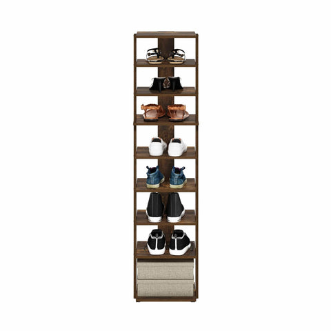 Nine Tier Slim Vertical Shoe Rack For Small Spaces Free Standing Narrow Organizer displaying sneakers and boots in compact design.