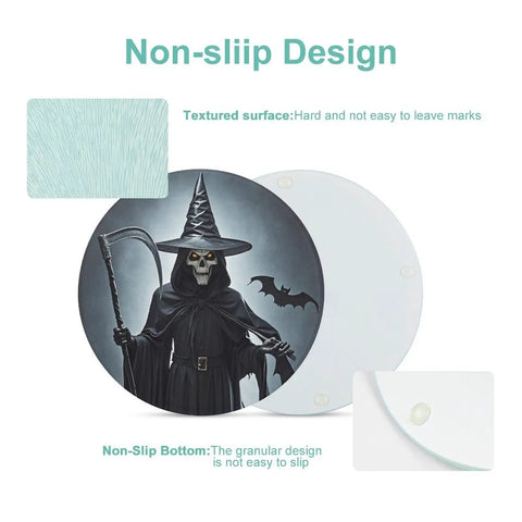 Round Tempered Glass Cutting Board On The Go 7.9 Inch with witch design, non-slip and textured surface details