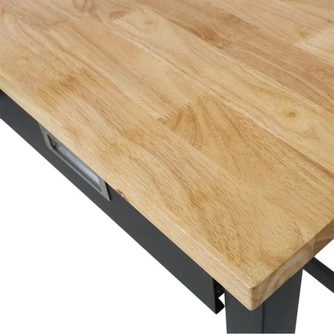 Close-up of rubber wood top on Heavy Duty Rubber Wood Top Workbench On Rolling Steel Frame With Drawers 60 Inch Garage Workshop Table