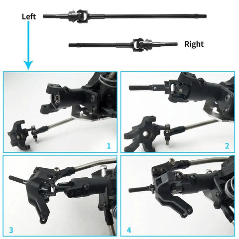 Tough As Nails Steel Front Cvd Drive Shafts Upgrade Kit For 1/10 Scale Rc Rock Crawlers, showing left and right drive shafts installation.
