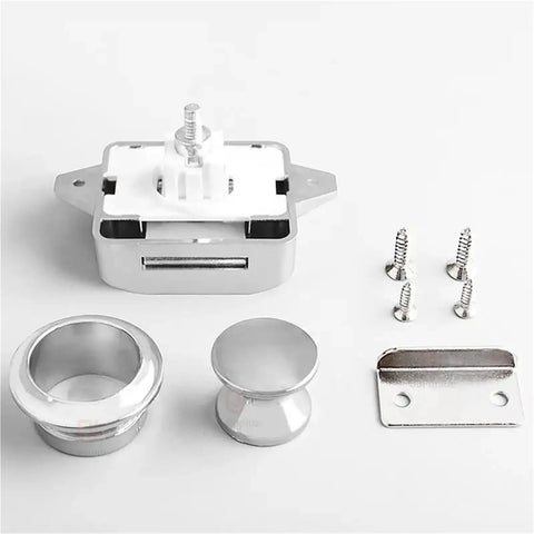 Rugged RV Push Latch Set for Drawer and Cabinet, Metal Button Lock with Thumb Twist Quick Release components on display