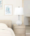 Glossy Aqua Ceramic Genie Tear Drop Table Lamp With White Fabric Shade, modern accent lighting in bedroom setting