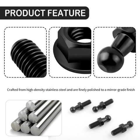 Set Of 4 Ball Studs For Gas Struts With Hardware Nuts, 5 Sixteen By 18 Thread, Carbon Steel, Black Finish, Product Features Showcase