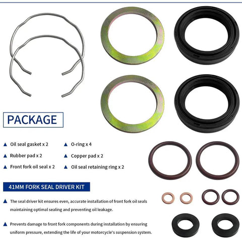 Harley Davidson 41mm Front Fork Seal Driver Kit For Touring And Softail Models with gaskets, rings, seals, and retaining rings displayed