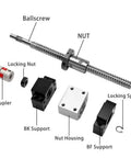 Top Shelf C5 SFU2005 Ball Screw Kit Matched With Solid BK And BF Housing Brackets To Drive Butter Smooth 3D Printer Mods And Beefy CNC Routers While Keeping Setup Dead Simple At 1600mm Length showing ballscrew, nut, coupler, and support brackets.