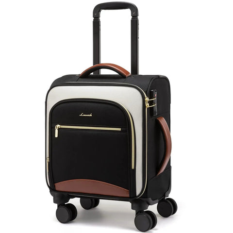 Underseat Carry On Luggage With Wheels 16 Inch Softside Spinner 18 By 14 By 8 Inches Travel Bag With TSA Lock black and beige