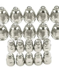 Premium 20 Pc P80 Plasma Cutter Electrodes Nozzles And Tips For CNC Machines With Copper Shield High Conductivity 1.7mm Thick Cutting Torch Consumables That Last set of 20 plasma nozzles in silver.