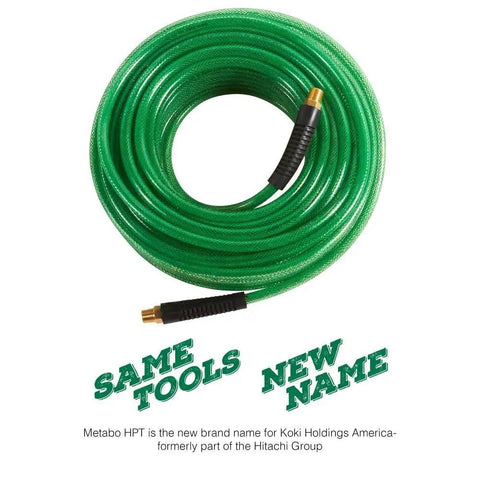 Coiled Pro Grade One Quarter Inch By One Hundred Foot Polyurethane Air Hose 300 PSI with brass connectors.