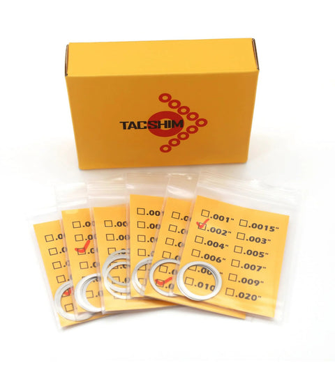 TACSHIM barrel shim kit for muzzle brake timing & alignment, 5/8 x 24, 20-pack metal shims in orange box