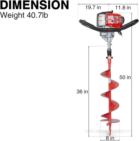 Earth Auger Combo 43cc 2 Cycle Gas Engine With 8 Inch Auger Bit dimensions and weight specifications.