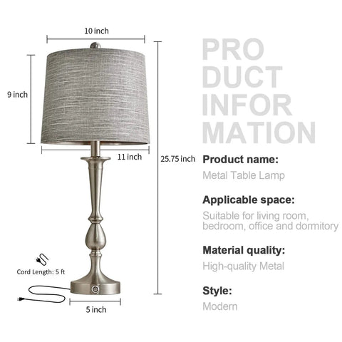 USB Sleek Metal Table Lamps Set Of 2 For Living Room And Bedroom Large Size Brushed Nickel Finish Touch Activated