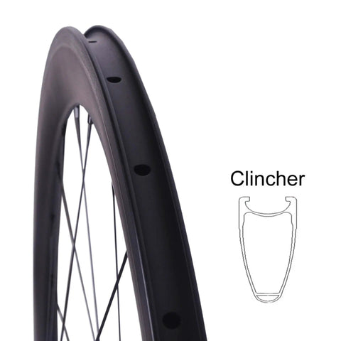 Close-up of a 700C Carbon Wheelset for Road Bikes with V-Brake, 38mm deep rim, showing a clincher edge and 24H holes.