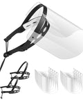 Adjustable Face Shield 4 Pack With 20 Replacement Visors and 8 Sponge Strips displayed with clear anti fog vision shield cap.