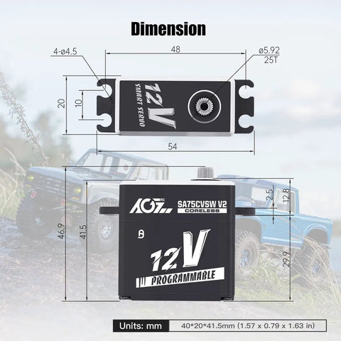 Dimensions of Waterproof 45Kg Beefy Torque RC Servo 12V Programmable Metal Gear Coreless Digital Smart Servo for RC Cars SA75CVSW V2.