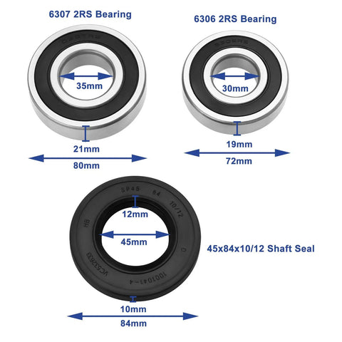 Diagram of Washing Machine Bearing And Seal Repair Kit featuring 6306 2RS and 6307 2RS bearings with 45x84x10/12 mm shaft seal
