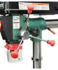 Close-up of Heavy Duty 34-Inch Benchtop Radial Drill Press With 5 Speed Variable Swing, Pivoting Head For Precision Angle Drilling.