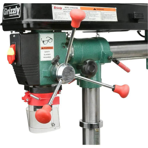 Close-up of Heavy Duty 34-Inch Benchtop Radial Drill Press With 5 Speed Variable Swing, Pivoting Head For Precision Angle Drilling.