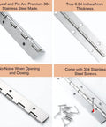 Six Pack 12 Inch Piano Hinge Heavy Duty Continuous Hinge With Pre Drilled Mounting Holes For Cabinets Boat And Marine Doors Top Shelf 304 Stainless Steel showing thickness and screws