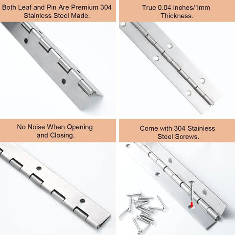 Six Pack 12 Inch Piano Hinge Heavy Duty Continuous Hinge With Pre Drilled Mounting Holes For Cabinets Boat And Marine Doors Top Shelf 304 Stainless Steel showing thickness and screws