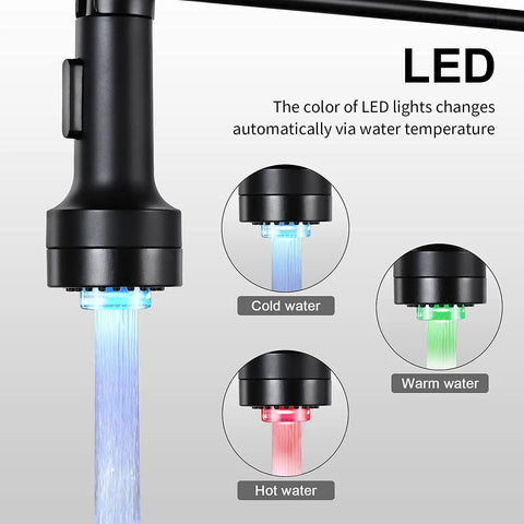 Pull Down Kitchen Faucet With LED Light And Sprayer Single Handle 1 Or 3 Hole Install Deck Plate Included Farmhouse Style Sink Tap