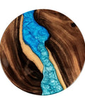 16 Inch Reversible Epoxy Wood Lazy Susan With Blue Gradient Marble Surface displaying blue epoxy river on wood base