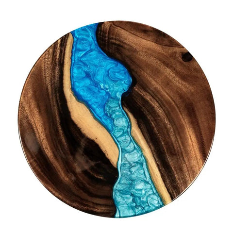 16 Inch Reversible Epoxy Wood Lazy Susan With Blue Gradient Marble Surface displaying blue epoxy river on wood base