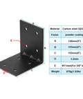 Four Pack Heavy Duty Black Steel L Reinforced Angle Brackets For Wood, 0.125 Inch Thick, 11 mm Holes For Three Eighth Inch Bolts