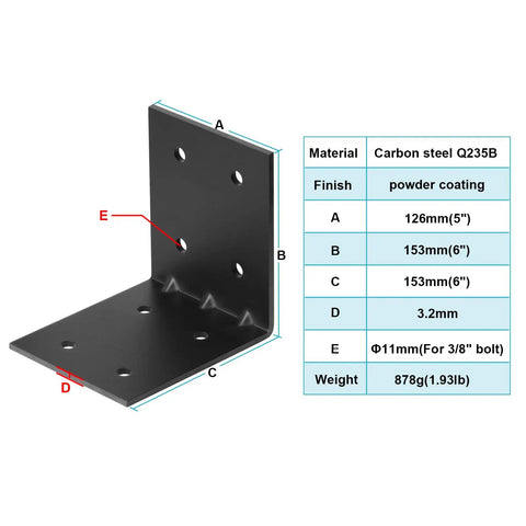 Four Pack Heavy Duty Black Steel L Reinforced Angle Brackets For Wood, 0.125 Inch Thick, 11 mm Holes For Three Eighth Inch Bolts