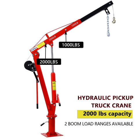 Bedside Warrior 2000 Lb Hydraulic Truck Crane With Manual Hand Winch, red crane with 2000 lbs capacity labels.