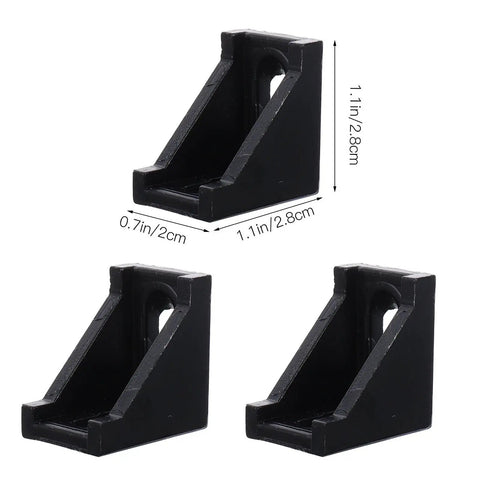 Shop Floor Ready Aluminum Extrusion Corner Brackets 90 Degree Angle Connectors in black, 1.1in size, for 3D printers and CNC routers.