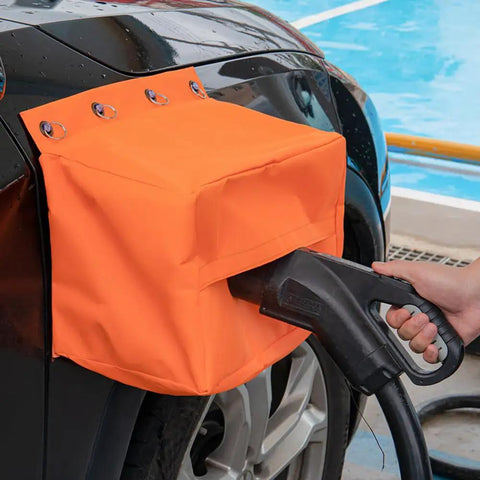 Straight Up Heavy Duty EV Charger Plug Cover Waterproof Outdoor Charging Port Protector Built Tough 600D Oxford Fabric suction mount on car.