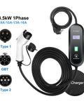 Level 2 220V Fast Charge EV Charger With Type 2 Connector, 5M Type 1 GBT Cord, display panel, and connectors shown