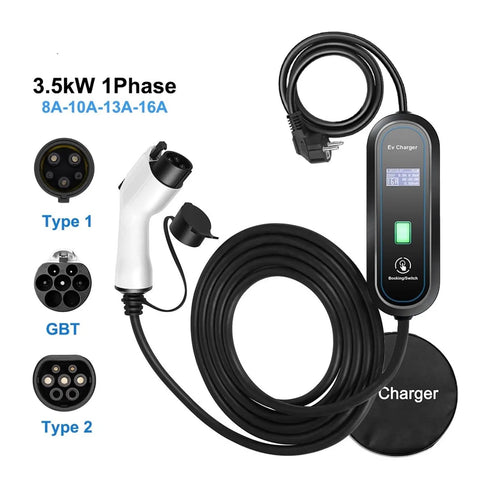 Level 2 220V Fast Charge EV Charger With Type 2 Connector, 5M Type 1 GBT Cord, display panel, and connectors shown