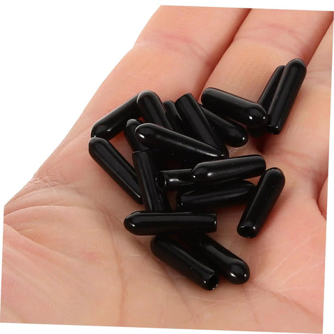 Heavy Duty Dishwasher Rack Prong End Caps 200 Pack Black Plastic Tip Protectors in hand, showing size and material.
