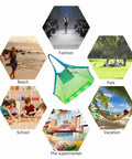 XL Mesh Beach Bag Tote for Kids and Family Ultra Lightweight See Through Bag shown with use cases like beach, park, and grocery shopping.