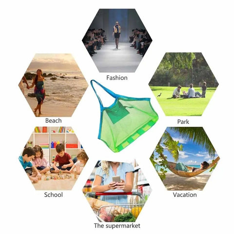 XL Mesh Beach Bag Tote for Kids and Family Ultra Lightweight See Through Bag shown with use cases like beach, park, and grocery shopping.