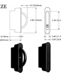 Pocket Door Pull Swivel Handle With Concealed Hardware And Quick Install Kit In Black Finish showing size dimensions and side views