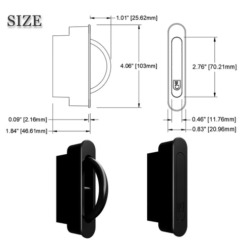 Pocket Door Pull Swivel Handle With Concealed Hardware And Quick Install Kit In Black Finish showing size dimensions and side views