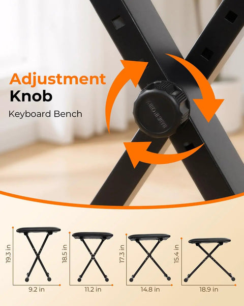 Rock Solid Keyboard Stand And Bench Set adjustment knob detail with foldable heavy duty steel frame and plush PU leather bench.