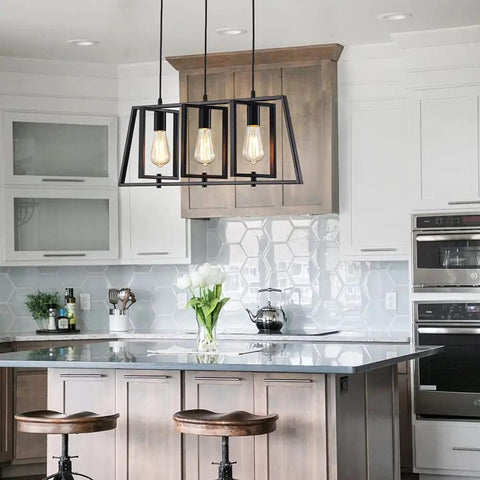 Modern Industrial 3-Light Pendant Light Fixture With Adjustable Height, Matte Black Cage Over Table Dining Room Kitchen Island, Open Rectangular Frame, Dope Living Room Foyer Lighting