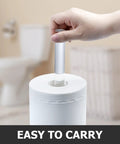 Close-up of hand lifting Must Have Freestanding Toilet Paper Holder Stand With Clear Acrylic No Assembly Floor Standing Roll Dispenser