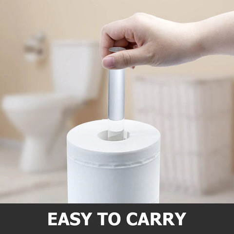 Close-up of hand lifting Must Have Freestanding Toilet Paper Holder Stand With Clear Acrylic No Assembly Floor Standing Roll Dispenser
