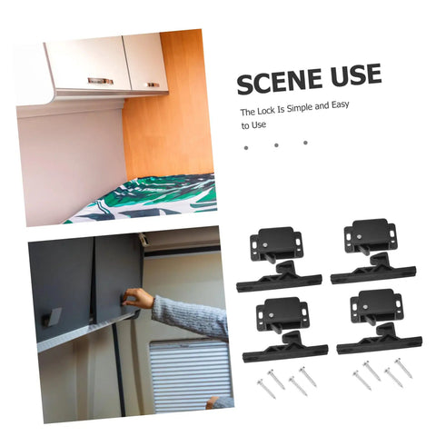 RV Compartment Latch Kit 4 Pack Durable Trailer Locks for Cabinet Doors with stainless screws shown in an RV setting