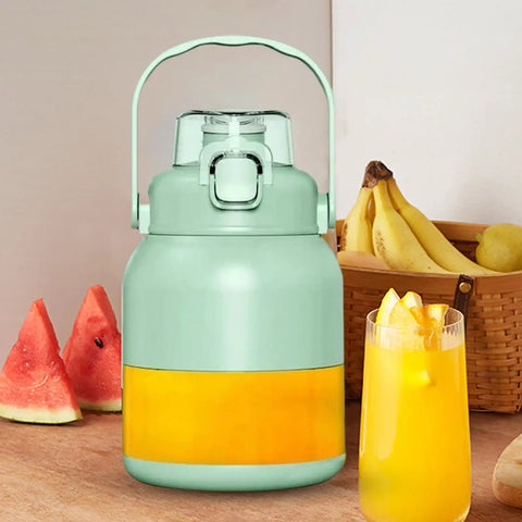 Portable Handheld Electric Citrus Juicer, Automatic Lemon And Orange Press With Ergonomic Non-Slip Grip For Quick One-Handed Fresh Juice Making On The Go Home Kitchen Or Travel with juice container and glass.