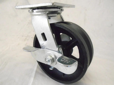 Heavy Duty 6 Inch By 2 Inch Swivel Caster With Brake, V Groove Steel Wheel, 1000 lb Capacity