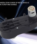 RS390 High Speed Electric Motor for Kids Ride On Toys, black casing, visible metal gears, durable design for smooth acceleration.