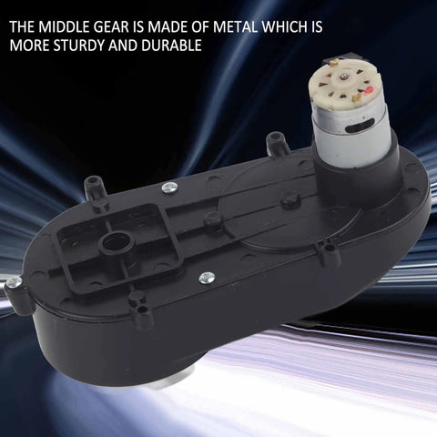 RS390 High Speed Electric Motor for Kids Ride On Toys, black casing, visible metal gears, durable design for smooth acceleration.